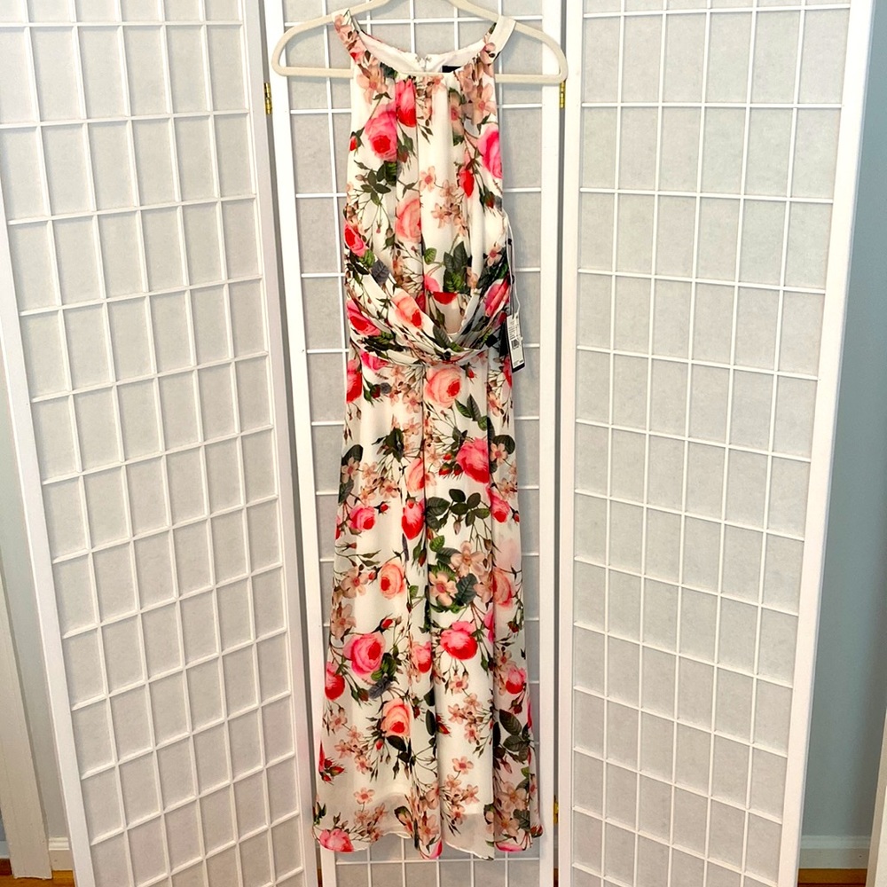 NWT Adrianna Papell White and Pink Floral Halter Dress